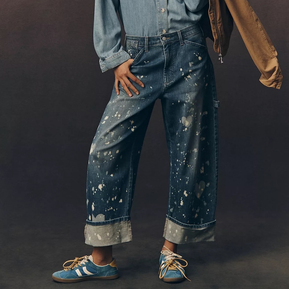 Pilcro High-Rise Paint-Splatter Wide-Leg Jeans - Dark Blue